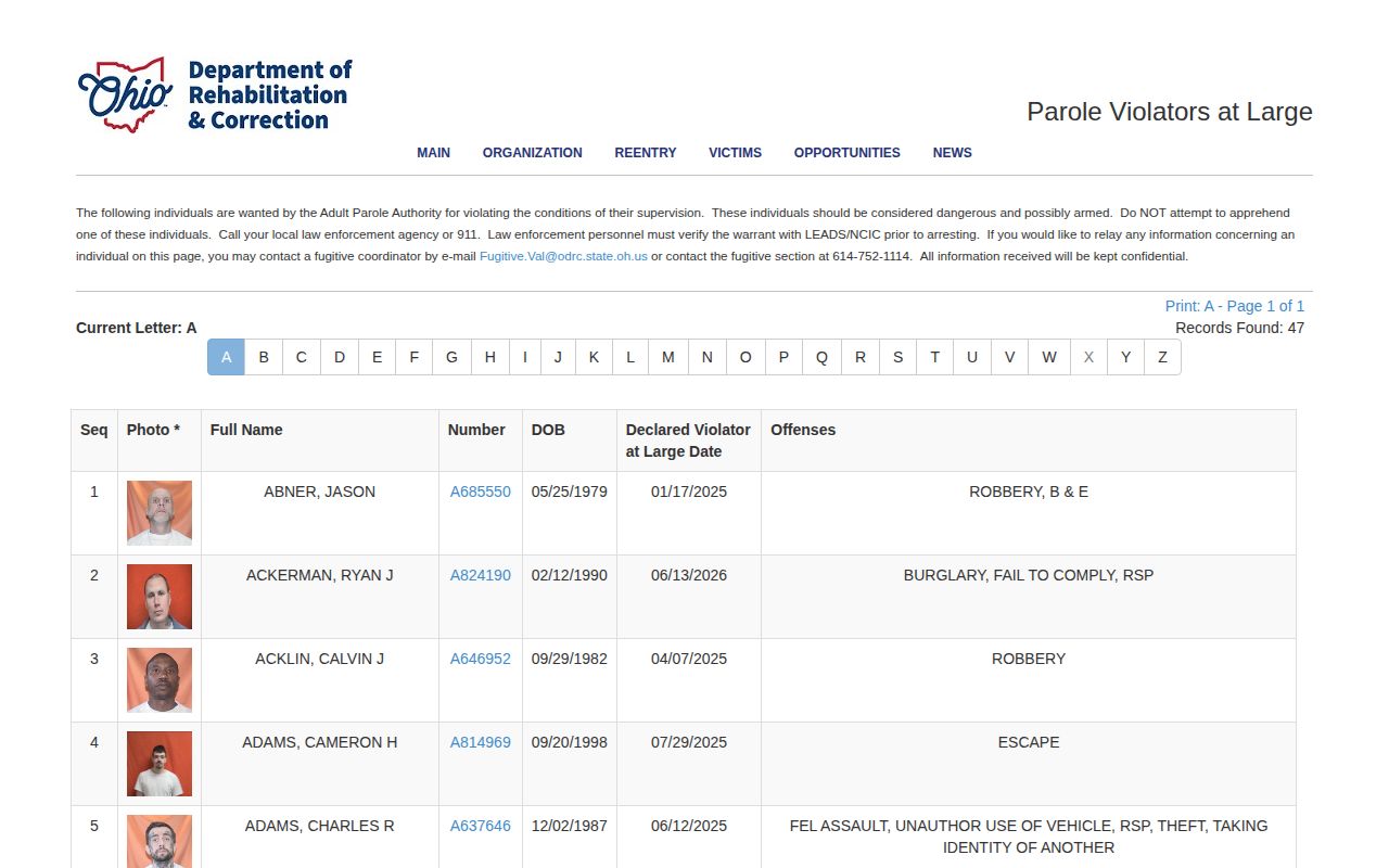 ODRC Morgan County post-release supervision Violators at Large fields