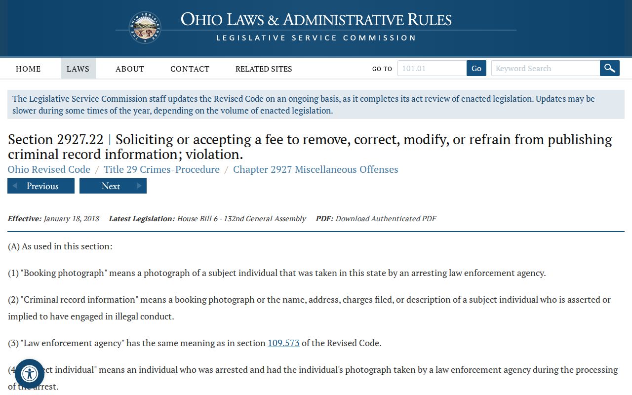 Ohio law governing Morgan County booking-photo publication and removal payments